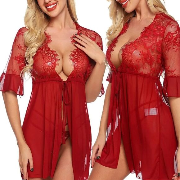 Women's Sexy Lingerie Babydoll Lace Chemise Sheer Mesh Open Front Sleepwear Set - Picture 1 of 6